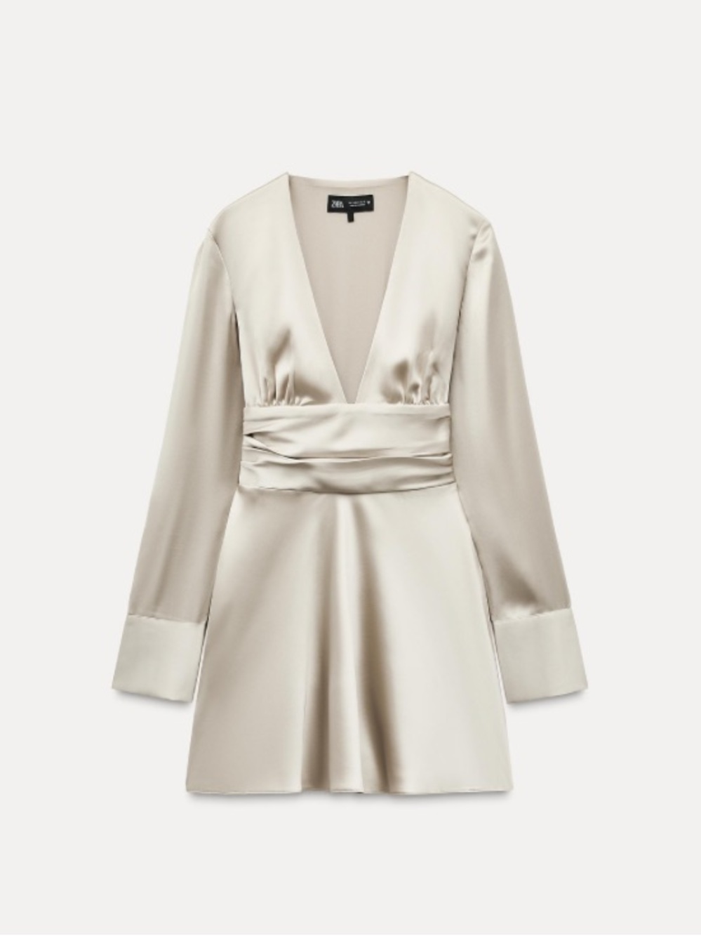 Zara Taupe V-Neck Satin Long Sleeve Dress - Satin effect mini dress Never worn